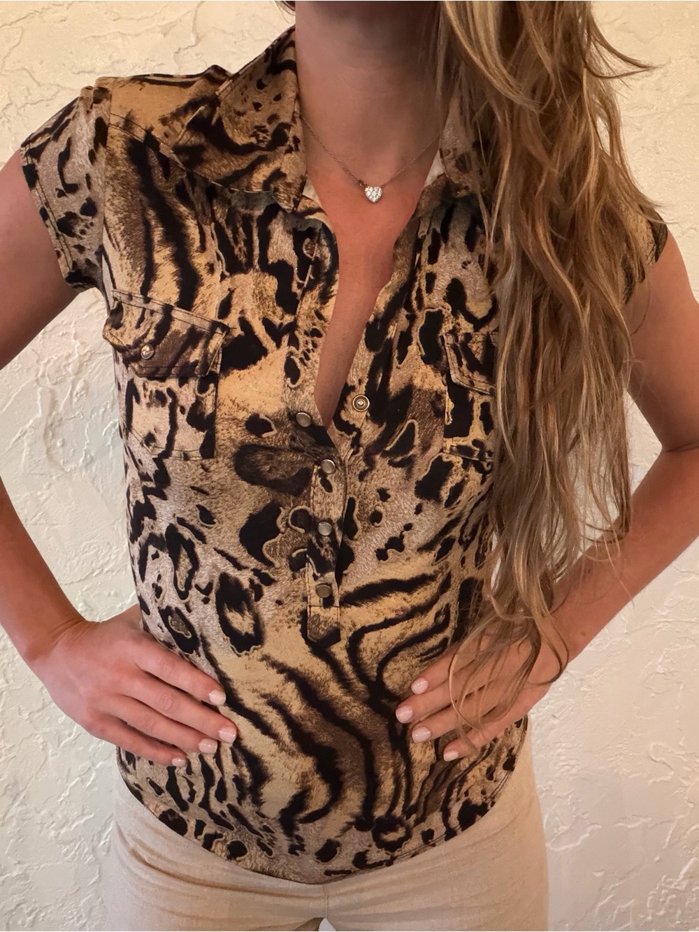 Cache Animal Print Button-Front Short Sleeve Top in Tan and Black